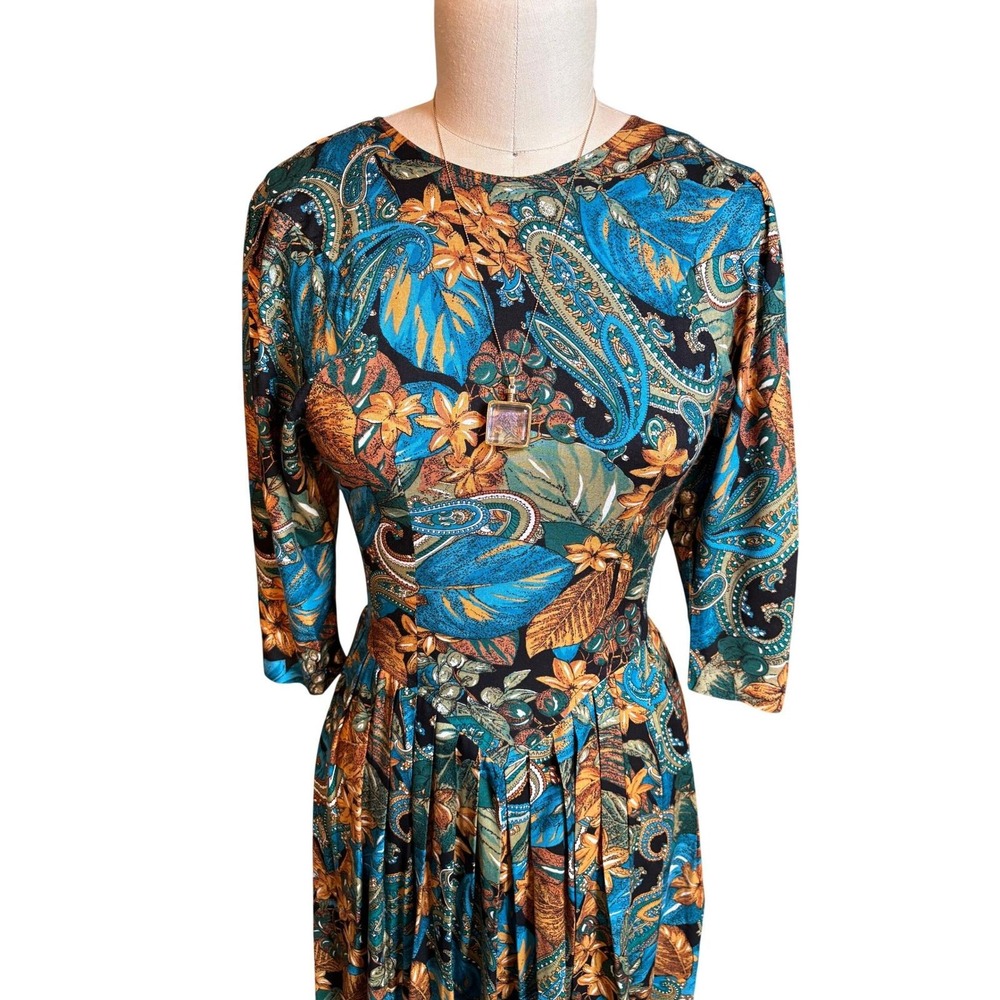 Benson & Smith Paisley Midi Dress Womens 6 Blue Dropped Waist Pleated Vintage - Picture 2 of 8
